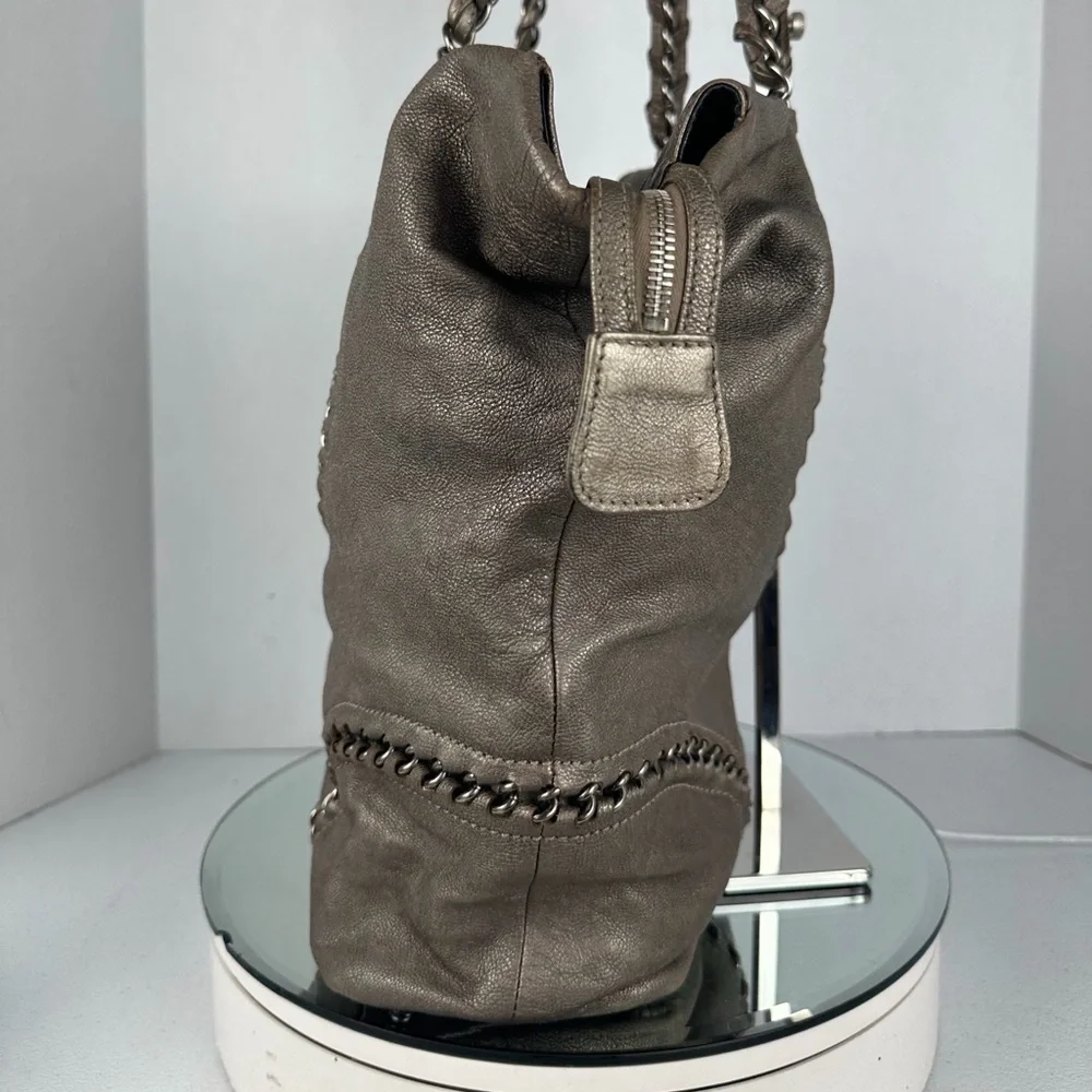 Chanel Metallic Silver Chain-Trim Leather Tote
